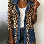 Antonia | Jeansjacke Damen Leoparden-Print Lang Druckknöpfe