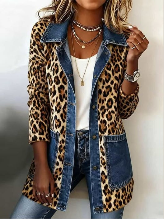 Antonia | Jeansjacke Damen Leoparden-Print Lang Druckknöpfe
