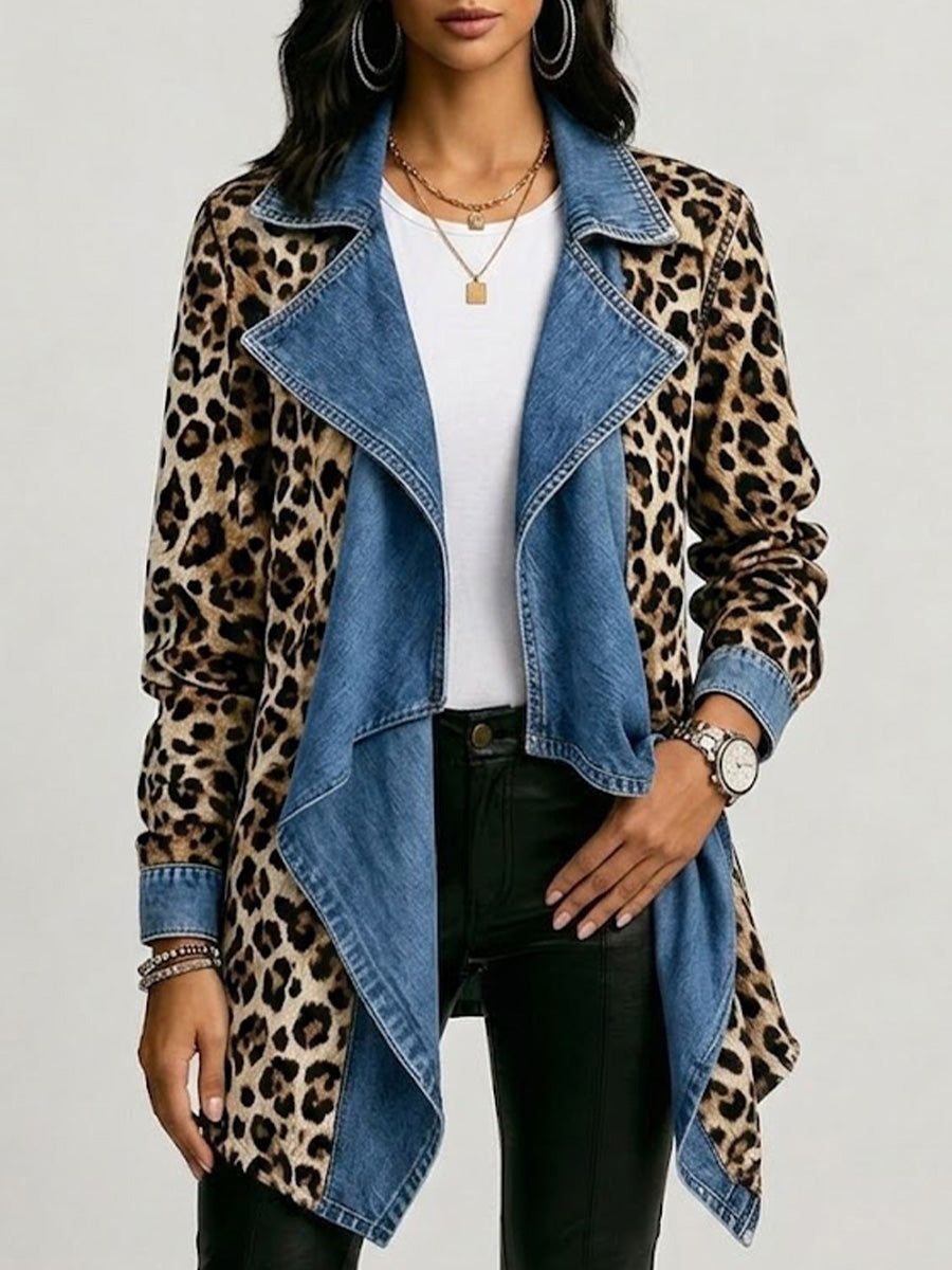 Antonia | Jeansjacke Damen Leoparden-Print Lang Druckknöpfe
