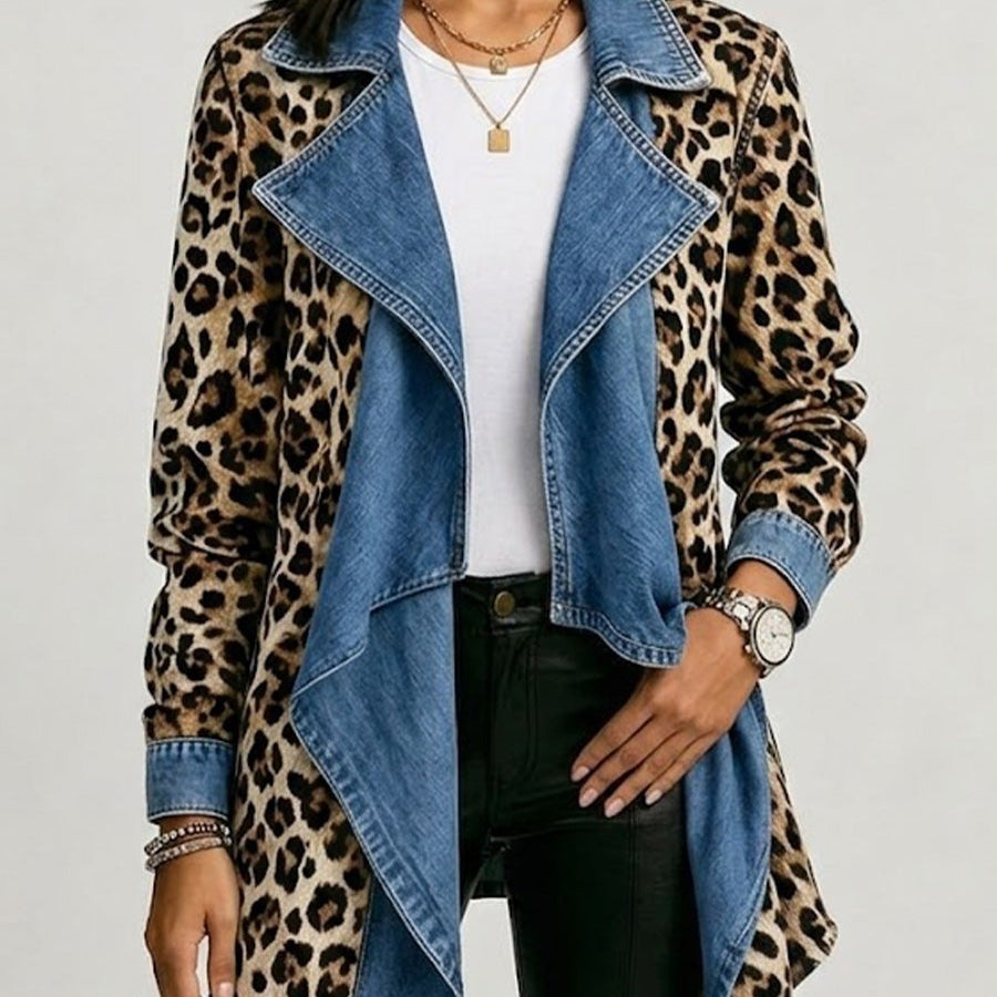 Antonia | Jeansjacke Damen Leoparden-Print Lang Druckknöpfe