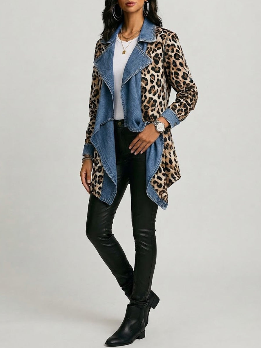 Antonia | Jeansjacke Damen Leoparden-Print Lang Druckknöpfe