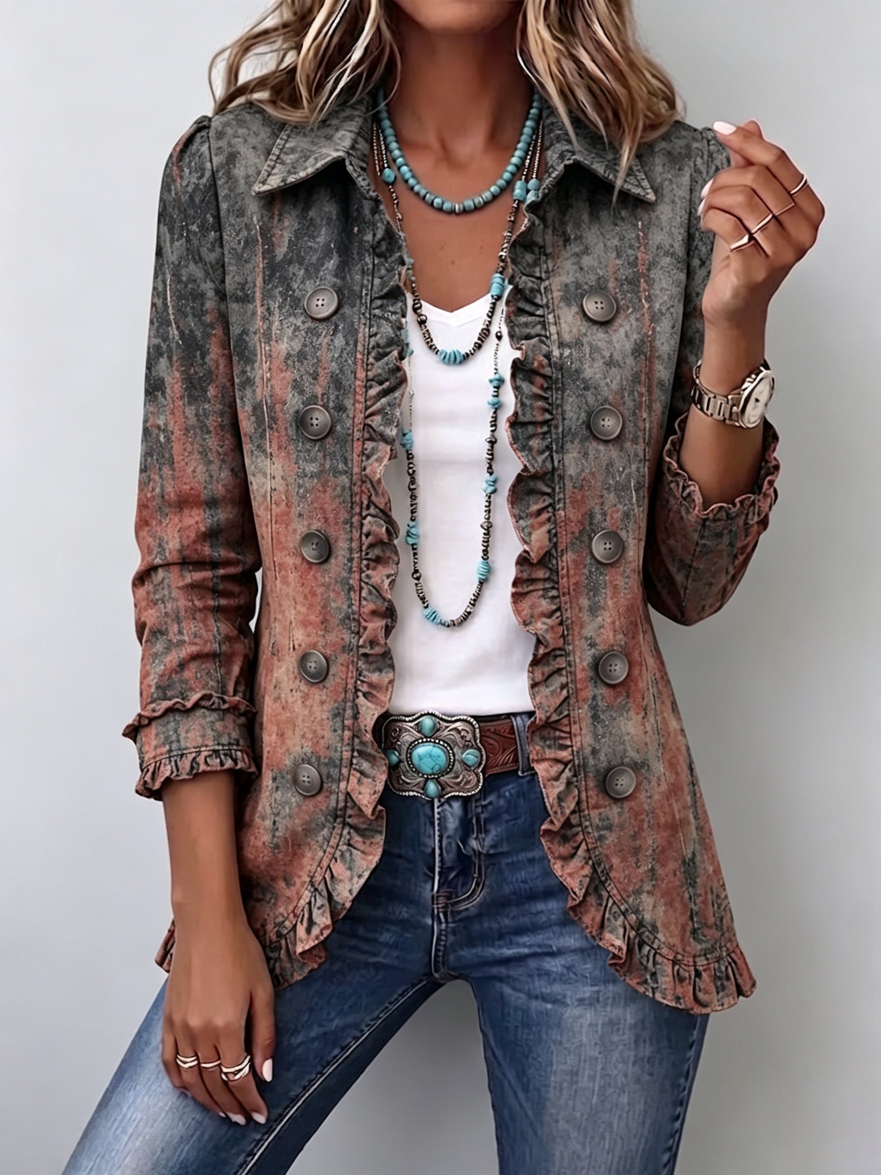 Antonia | Jeansjacke Damen Leoparden-Print Lang Druckknöpfe