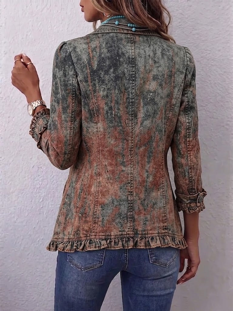 Antonia | Jeansjacke Damen Leoparden-Print Lang Druckknöpfe