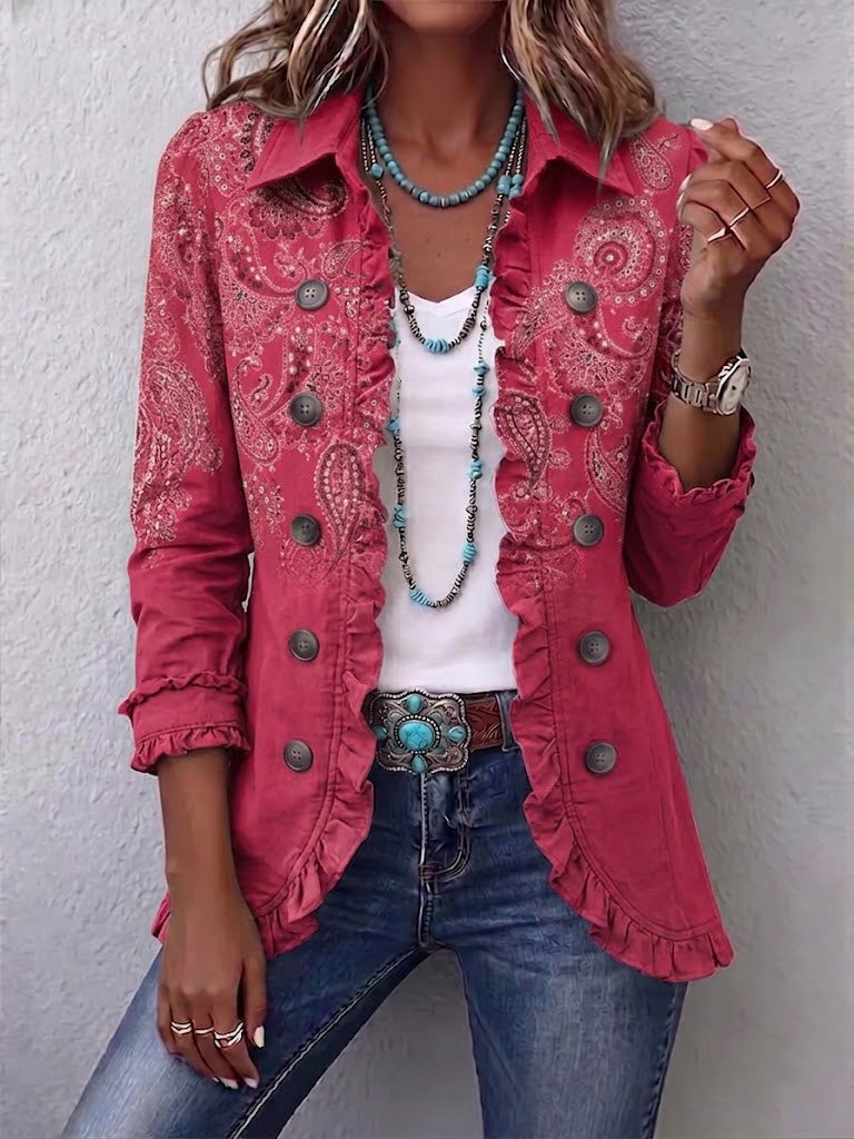 Antonia | Jeansjacke Damen Leoparden-Print Lang Druckknöpfe