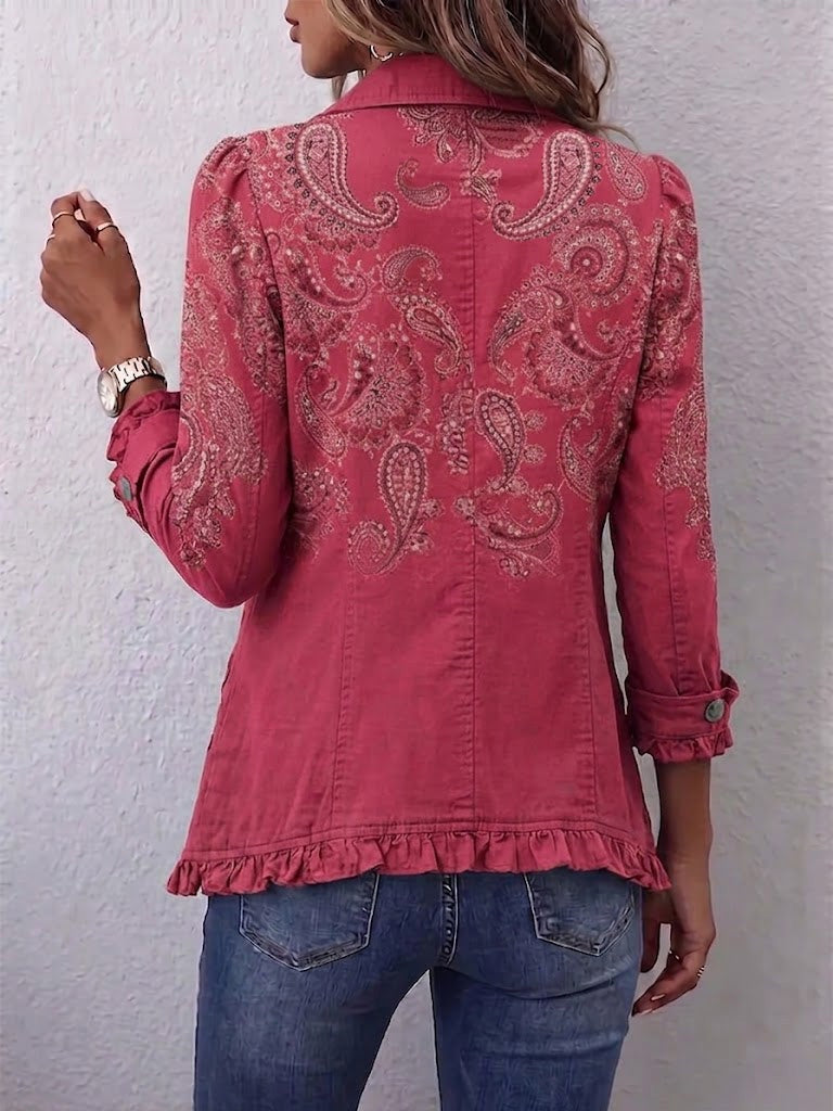 Antonia | Jeansjacke Damen Leoparden-Print Lang Druckknöpfe