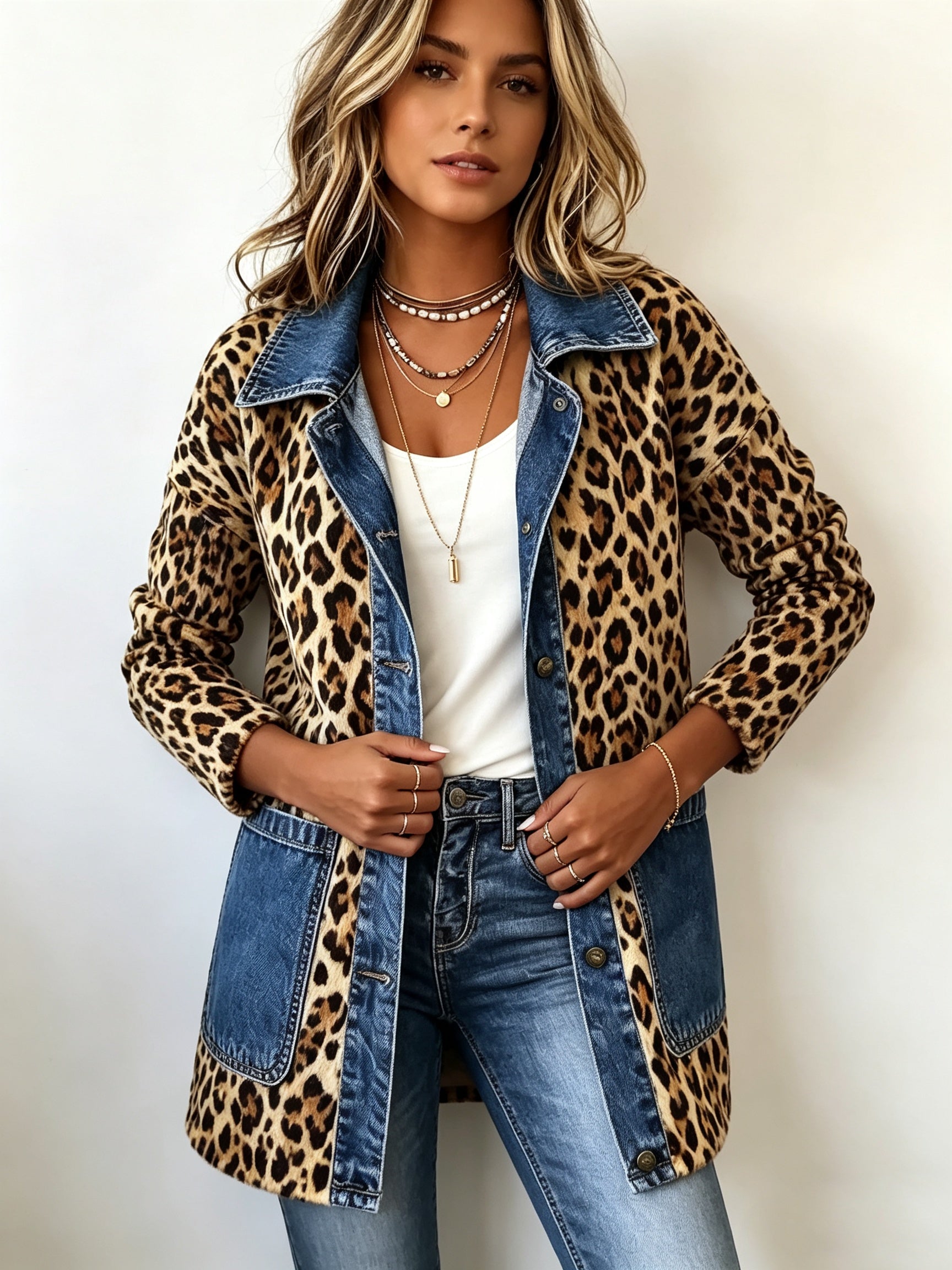 Antonia | Jeansjacke Damen Leoparden-Print Lang Druckknöpfe