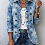 Antonia | Jeansjacke Damen Leoparden-Print Lang Druckknöpfe