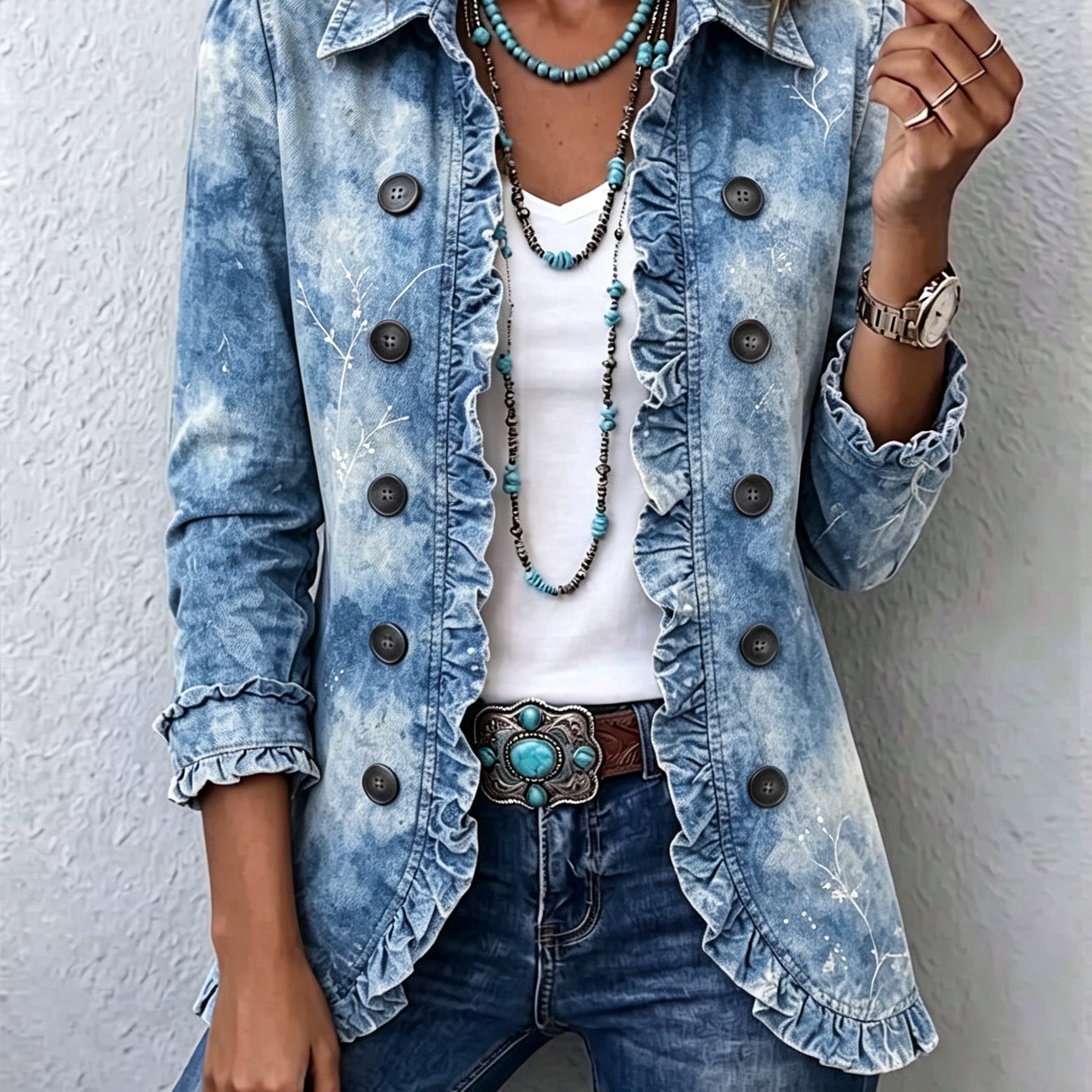 Antonia | Jeansjacke Damen Leoparden-Print Lang Druckknöpfe