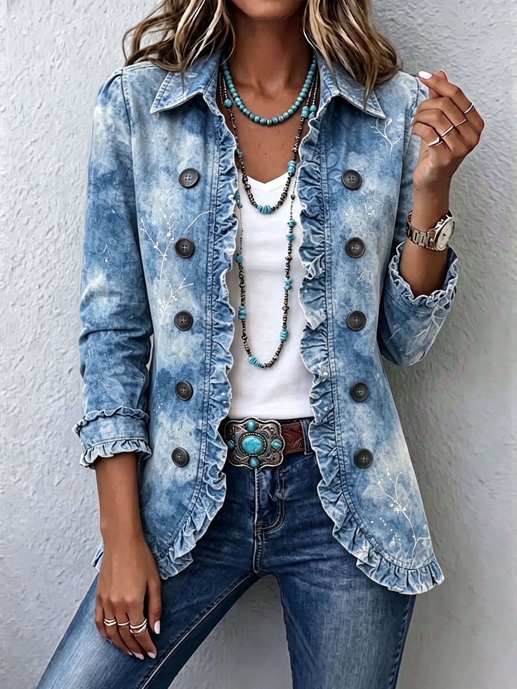 Antonia | Jeansjacke Damen Leoparden-Print Lang Druckknöpfe