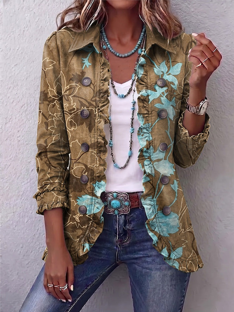 Antonia | Jeansjacke Damen Leoparden-Print Lang Druckknöpfe