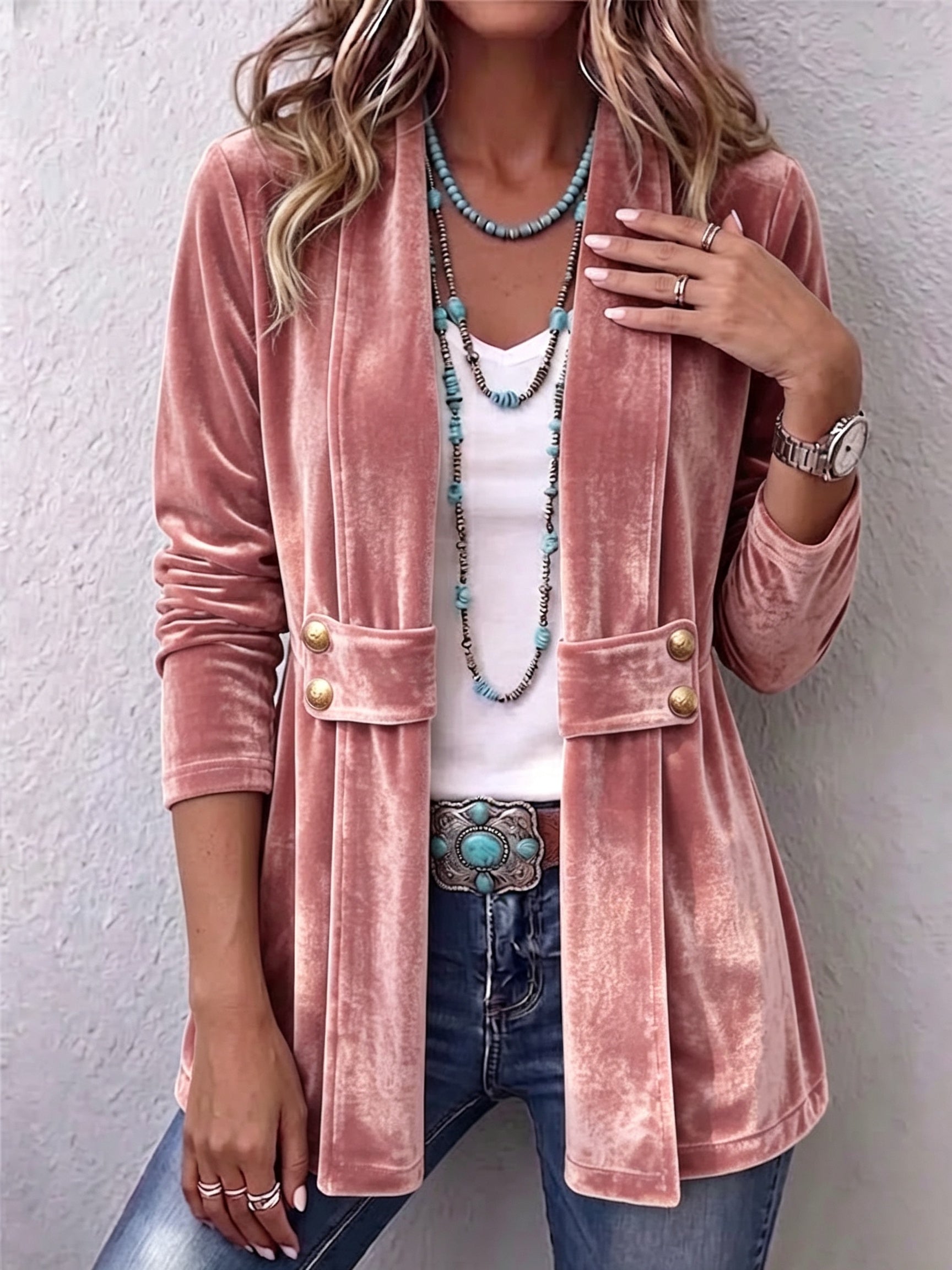 Antonia | Jeansjacke Damen Leoparden-Print Lang Druckknöpfe