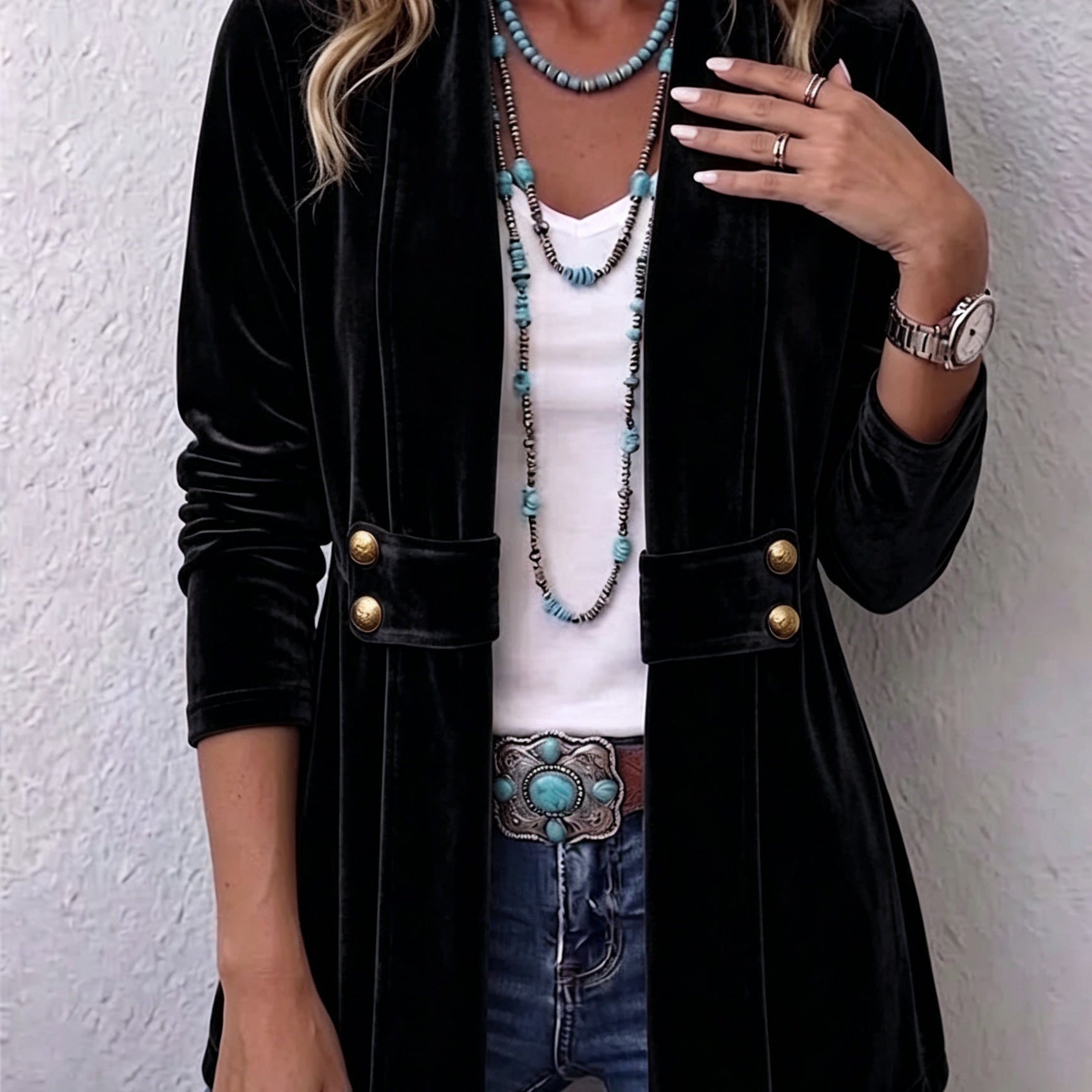Antonia | Jeansjacke Damen Leoparden-Print Lang Druckknöpfe