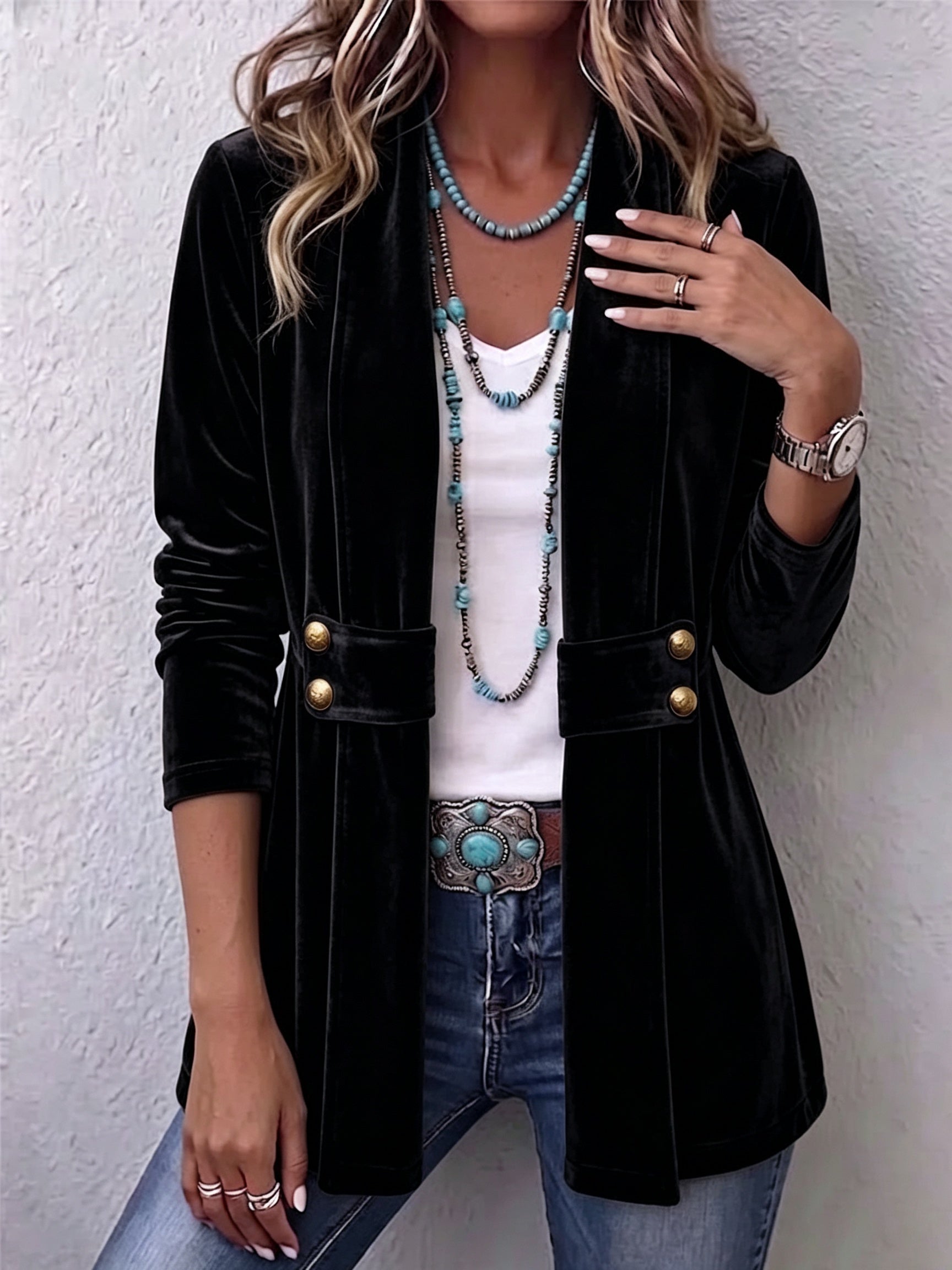 Antonia | Jeansjacke Damen Leoparden-Print Lang Druckknöpfe
