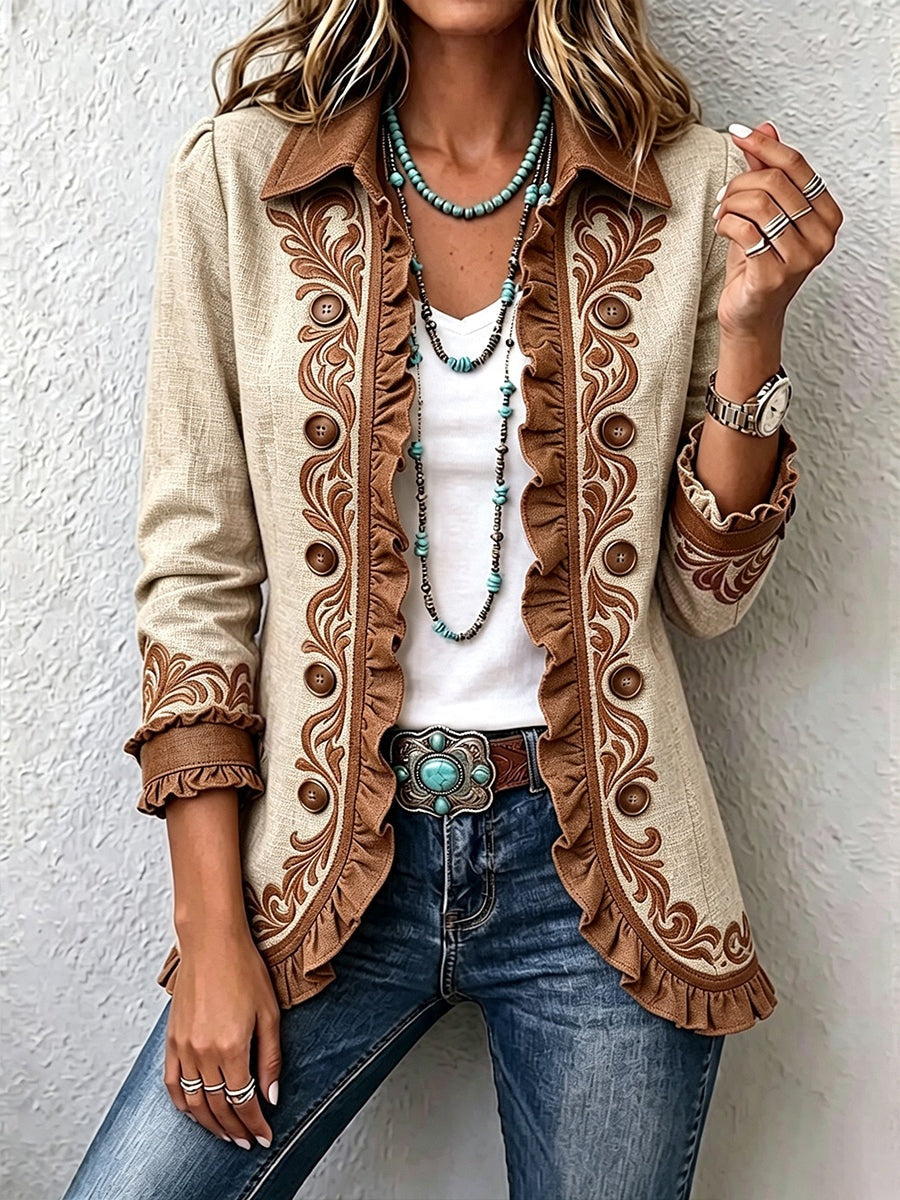 Antonia | Jeansjacke Damen Leoparden-Print Lang Druckknöpfe