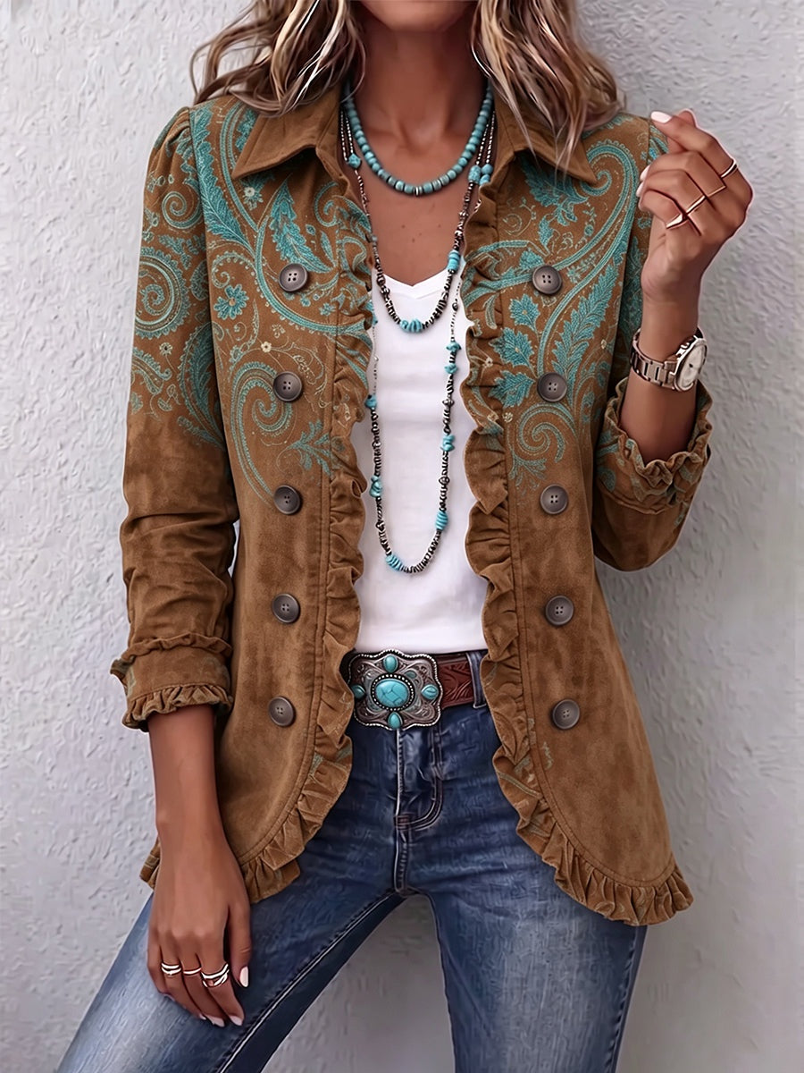 Antonia | Jeansjacke Damen Leoparden-Print Lang Druckknöpfe