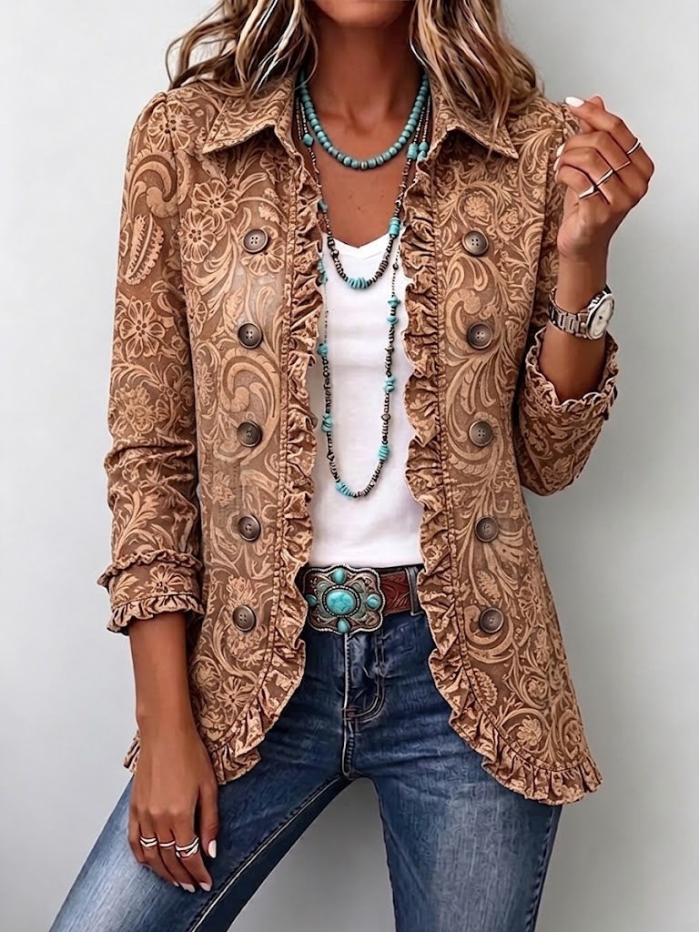 Antonia | Jeansjacke Damen Leoparden-Print Lang Druckknöpfe