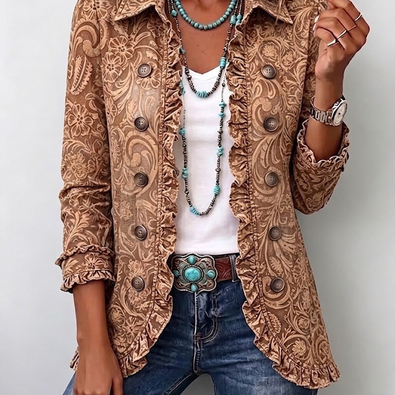 Antonia | Jeansjacke Damen Leoparden-Print Lang Druckknöpfe