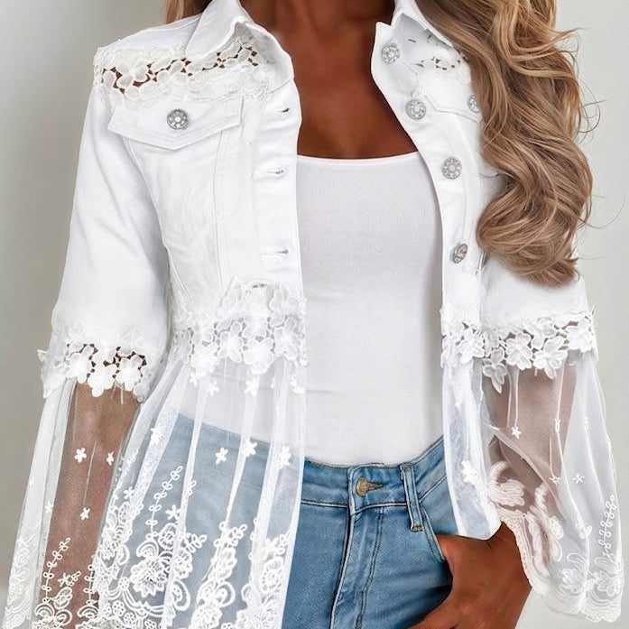 Antonia | Jeansjacke Damen Leoparden-Print Lang Druckknöpfe