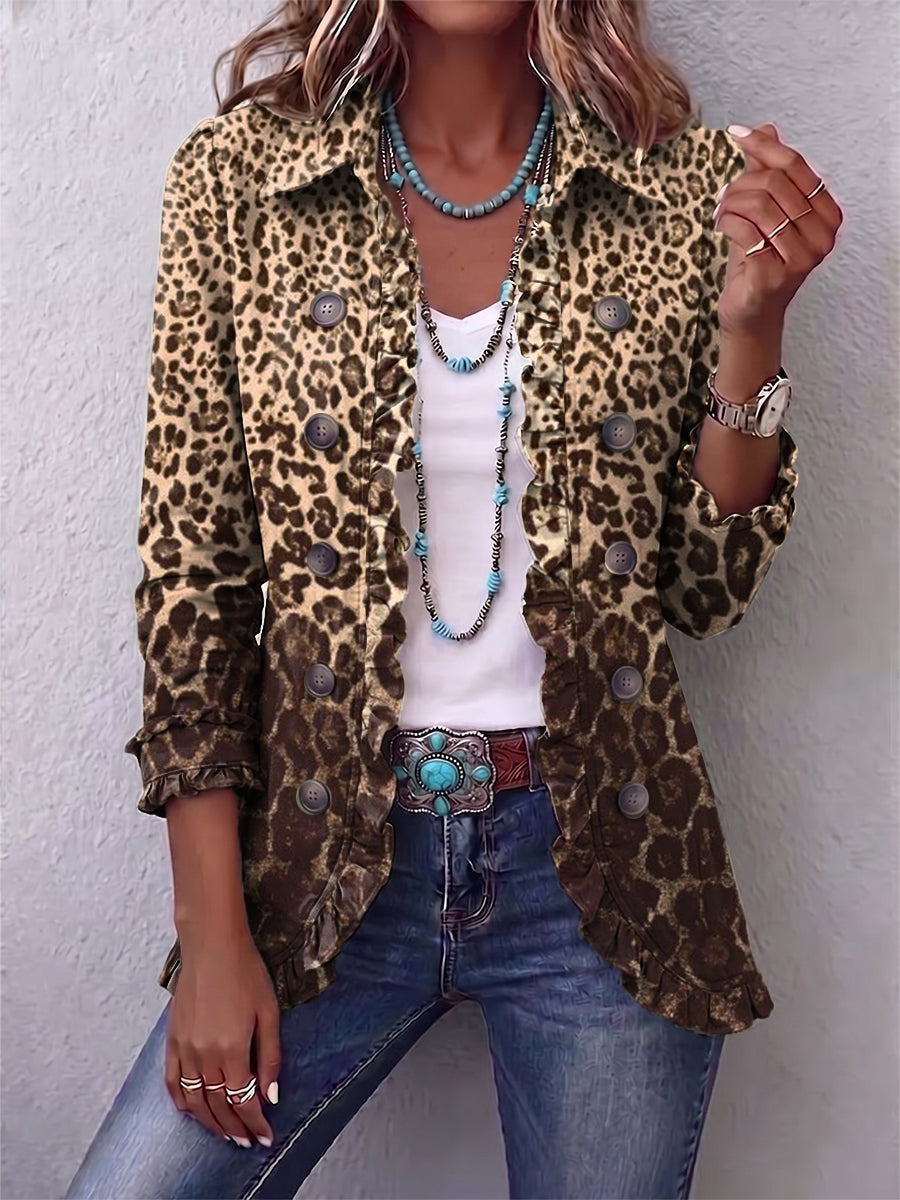 Antonia | Jeansjacke Damen Leoparden-Print Lang Druckknöpfe