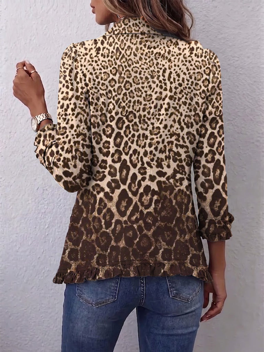 Antonia | Jeansjacke Damen Leoparden-Print Lang Druckknöpfe