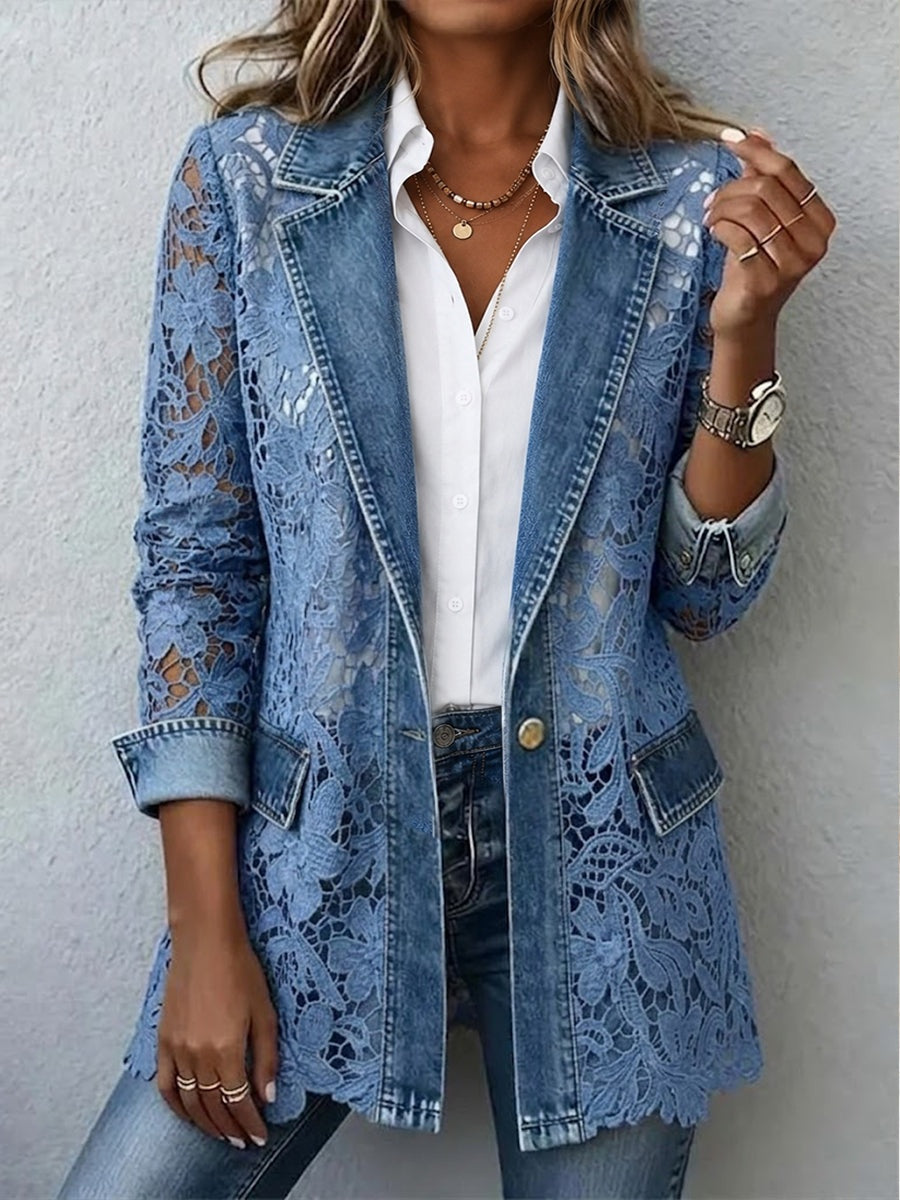 Antonia | Jeansjacke Damen Leoparden-Print Lang Druckknöpfe