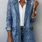 Antonia | Jeansjacke Damen Leoparden-Print Lang Druckknöpfe