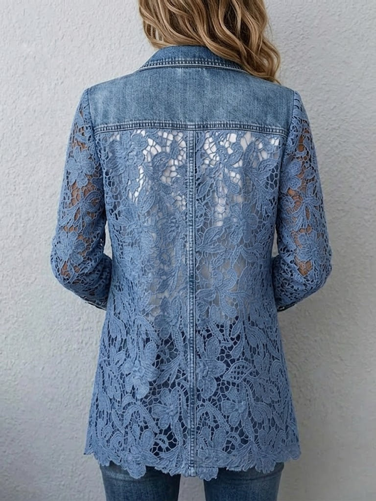 Antonia | Jeansjacke Damen Leoparden-Print Lang Druckknöpfe