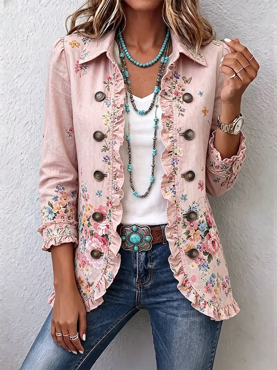 Antonia | Jeansjacke Damen Leoparden-Print Lang Druckknöpfe