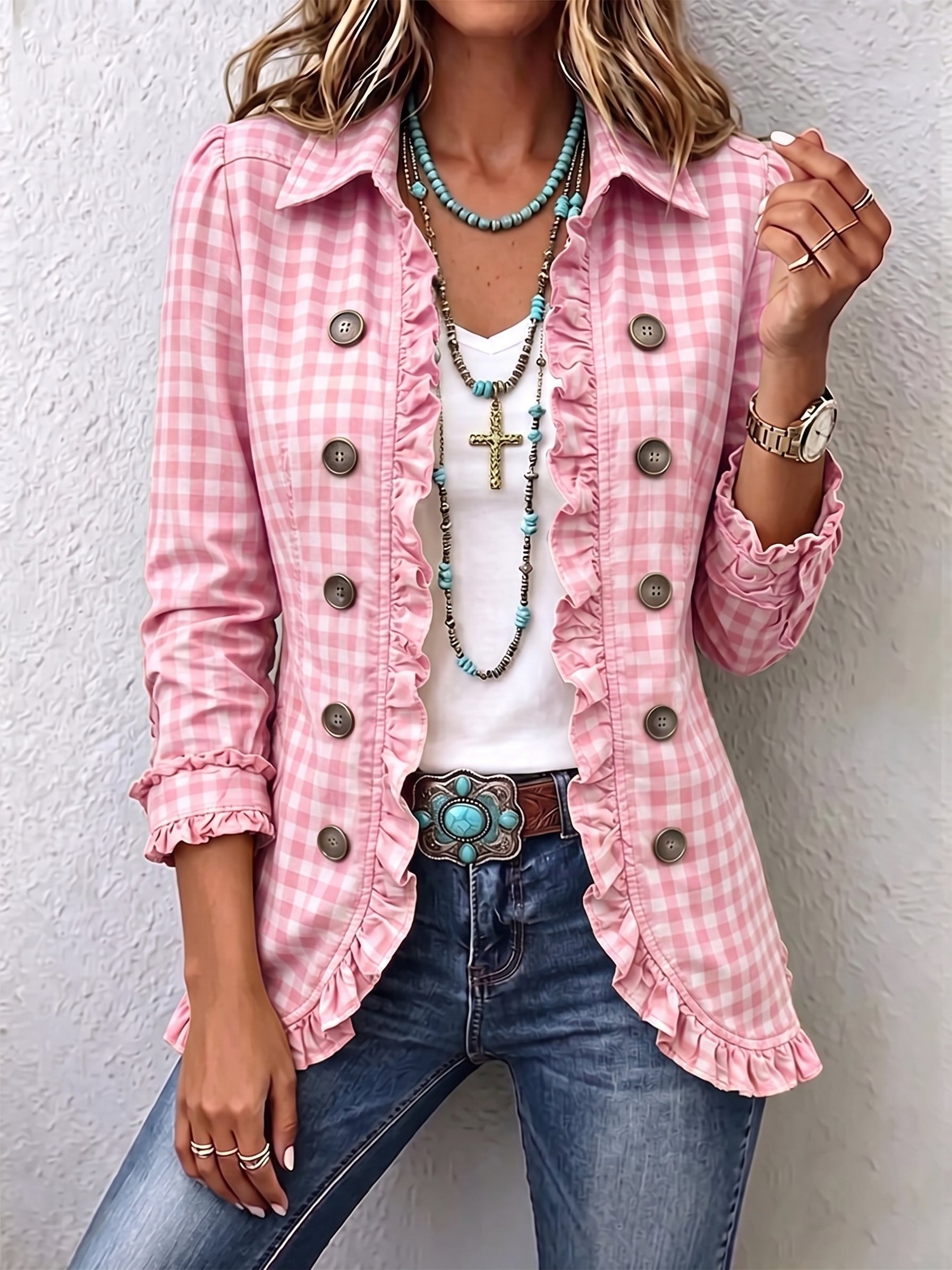 Antonia | Jeansjacke Damen Leoparden-Print Lang Druckknöpfe