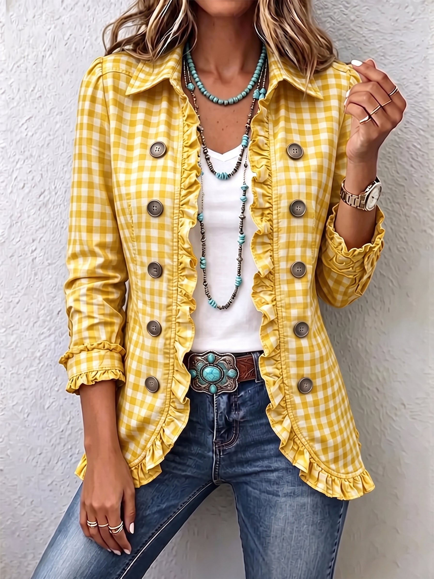 Antonia | Jeansjacke Damen Leoparden-Print Lang Druckknöpfe