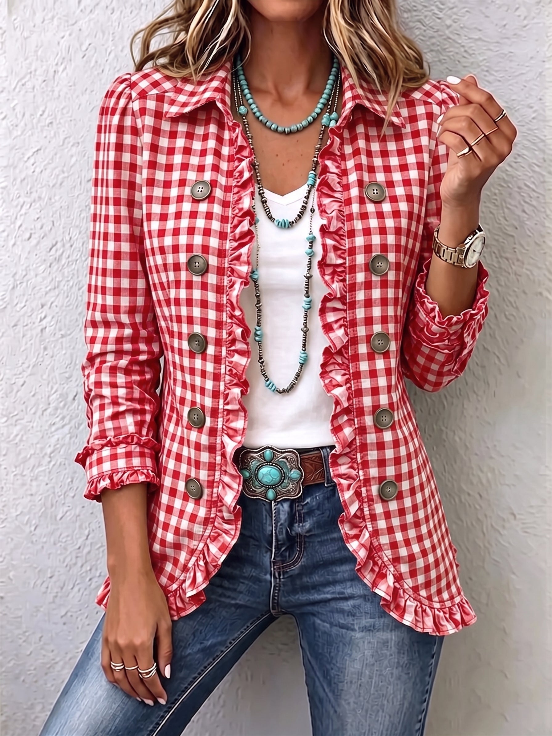 Antonia | Jeansjacke Damen Leoparden-Print Lang Druckknöpfe