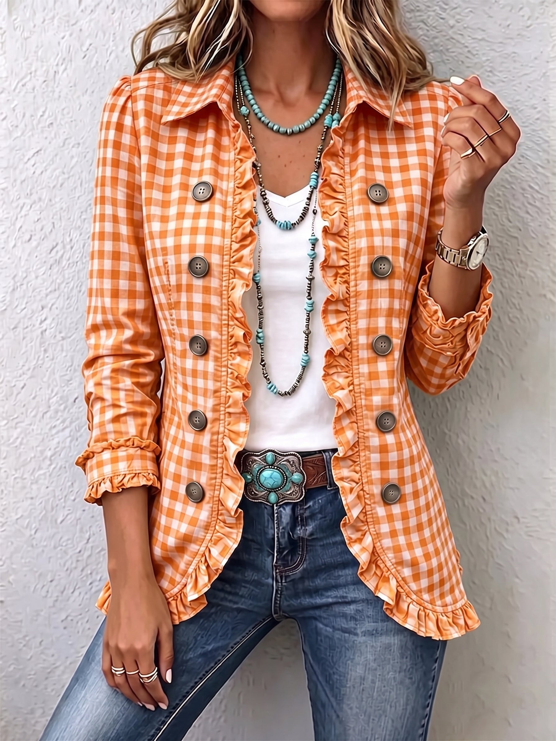 Antonia | Jeansjacke Damen Leoparden-Print Lang Druckknöpfe