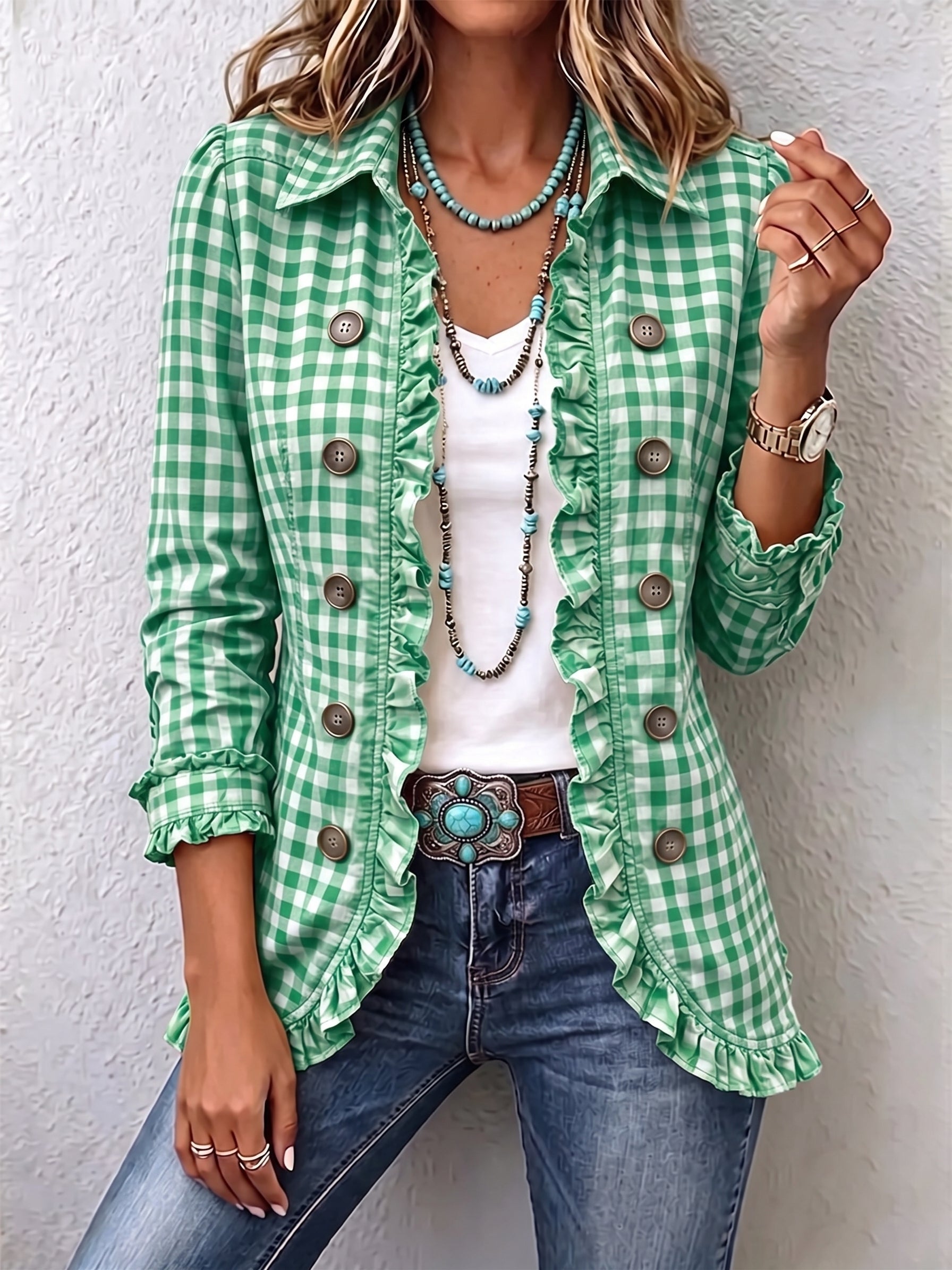 Antonia | Jeansjacke Damen Leoparden-Print Lang Druckknöpfe