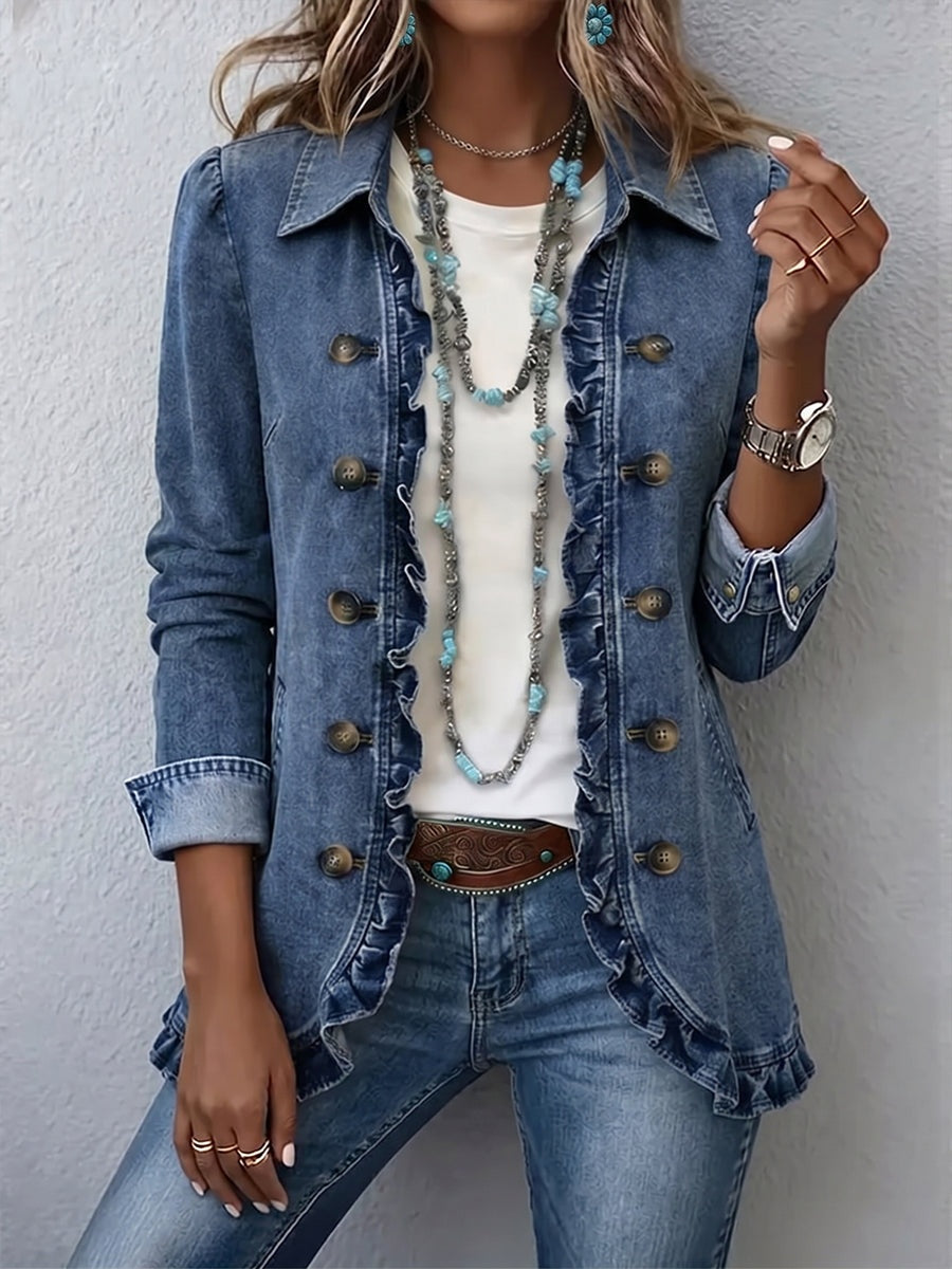 Antonia | Jeansjacke Damen Leoparden-Print Lang Druckknöpfe