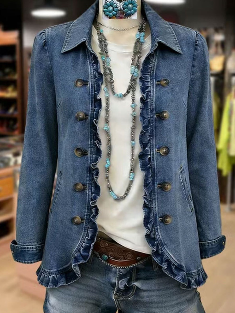 Antonia | Jeansjacke Damen Leoparden-Print Lang Druckknöpfe