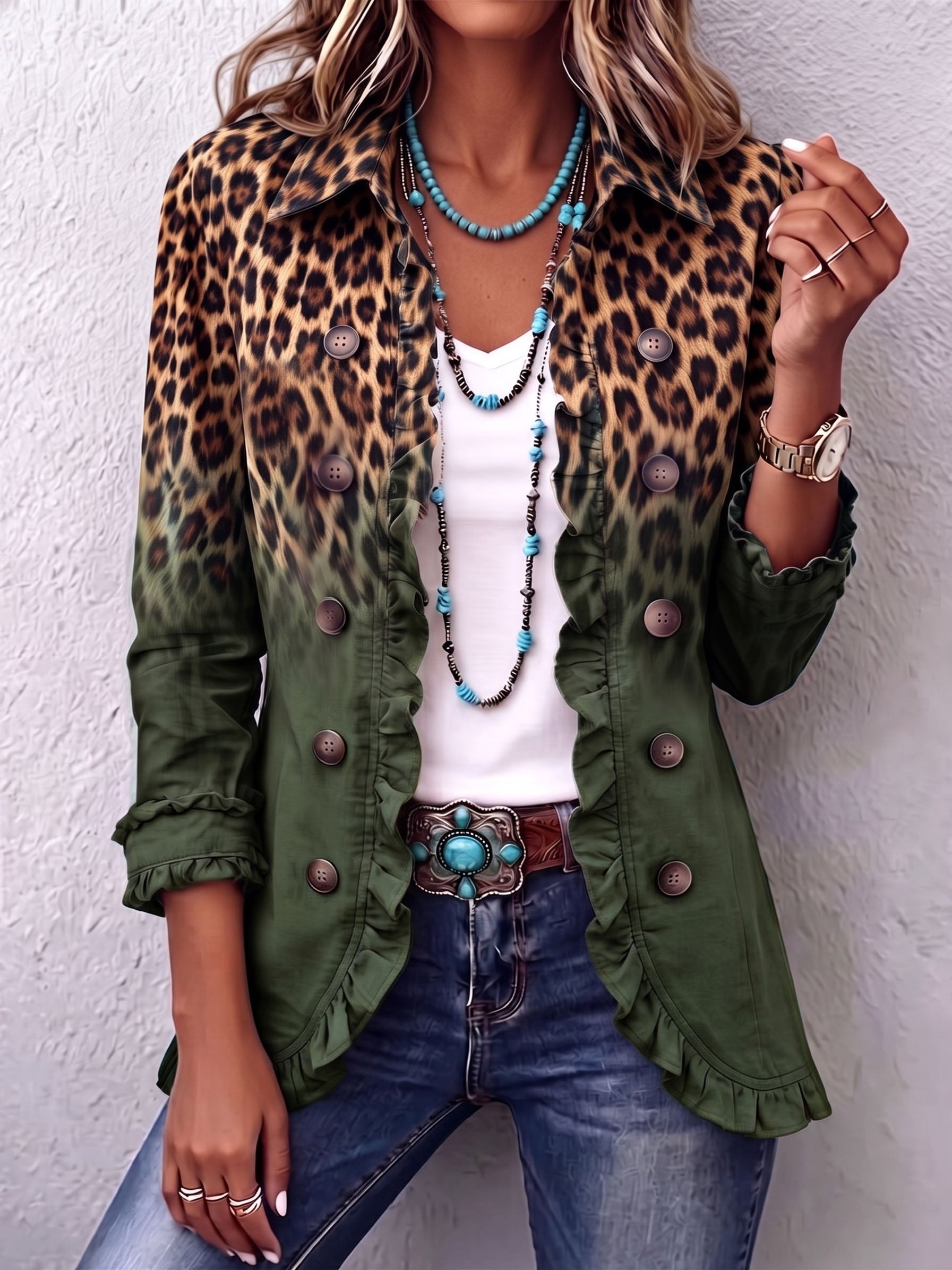 Antonia | Jeansjacke Damen Leoparden-Print Lang Druckknöpfe