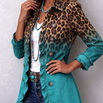 Antonia | Jeansjacke Damen Leoparden-Print Lang Druckknöpfe