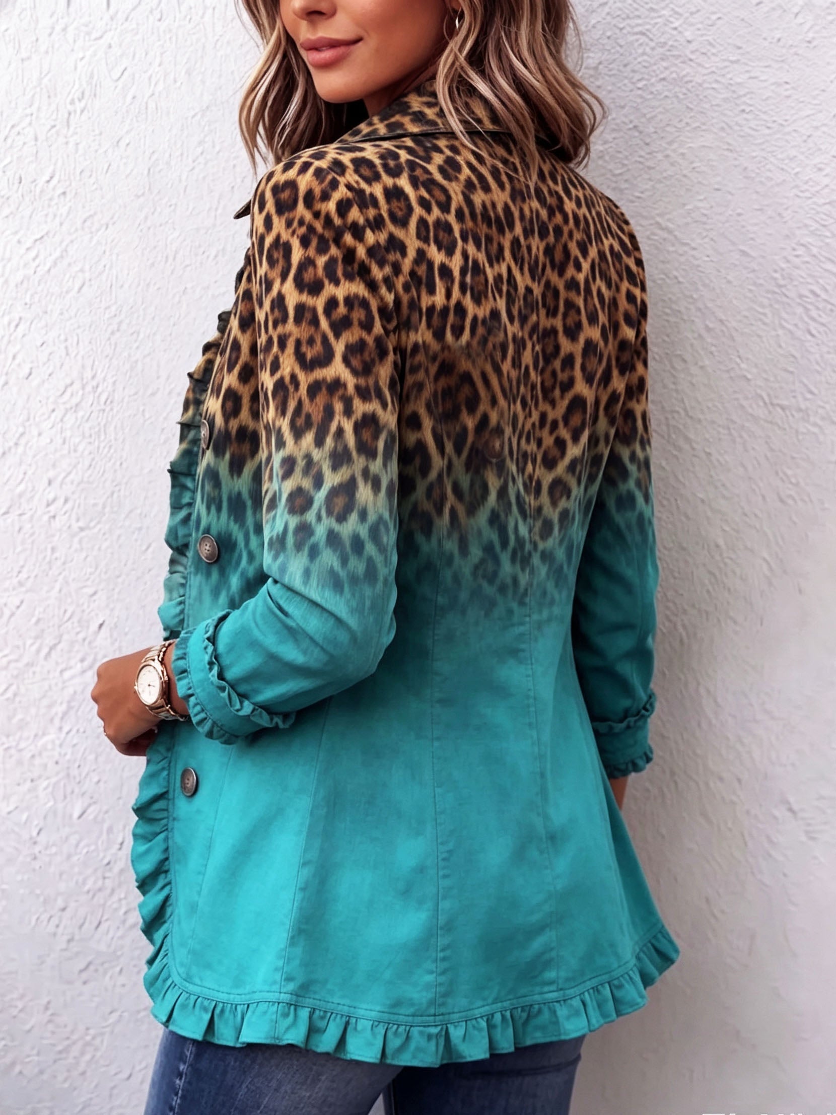 Antonia | Jeansjacke Damen Leoparden-Print Lang Druckknöpfe