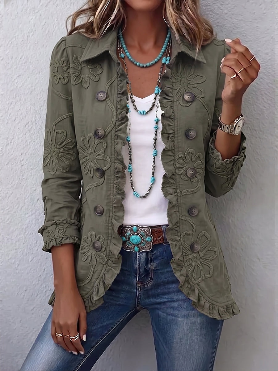 Antonia | Jeansjacke Damen Leoparden-Print Lang Druckknöpfe