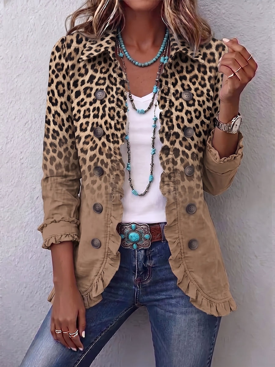 Antonia | Jeansjacke Damen Leoparden-Print Lang Druckknöpfe