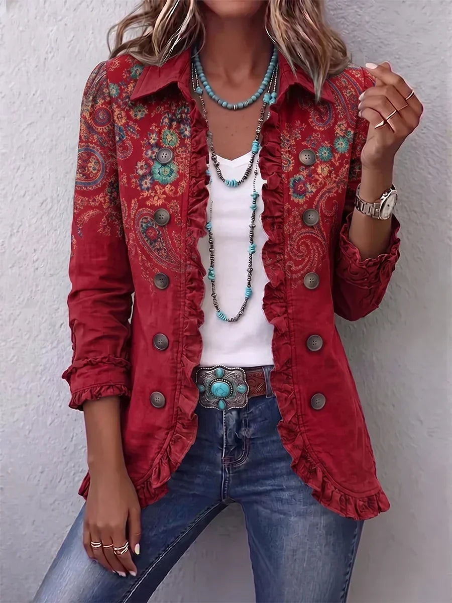 Antonia | Jeansjacke Damen Leoparden-Print Lang Druckknöpfe