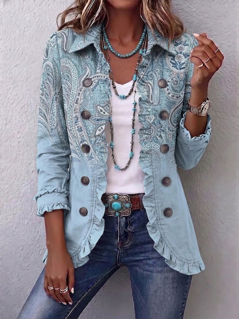 Antonia | Jeansjacke Damen Leoparden-Print Lang Druckknöpfe