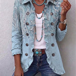 Antonia | Jeansjacke Damen Leoparden-Print Lang Druckknöpfe