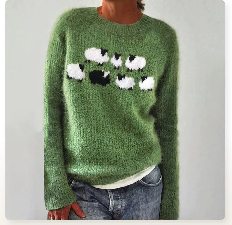 Antonia | Pullover Damen Strick Rundhals mit Schaf-Motiv