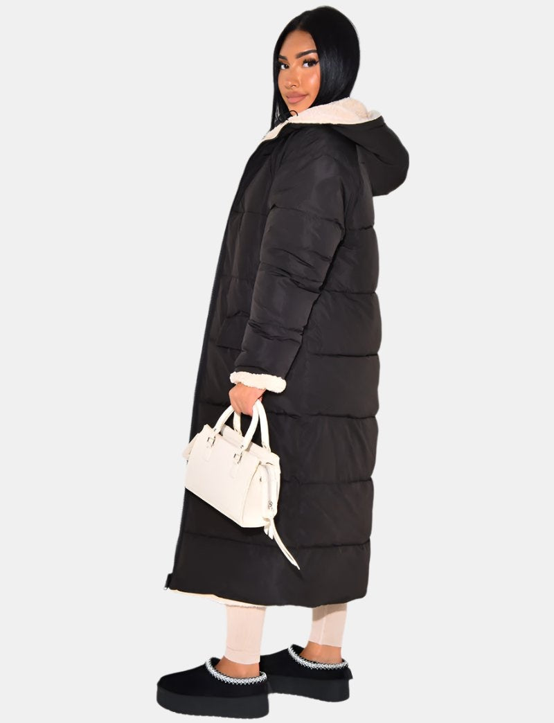 Ariane | Lange Daunenjacke mit Kapuze Damen Teddy-Futter