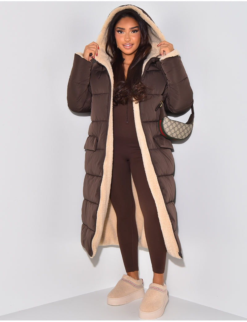 Ariane | Lange Daunenjacke mit Kapuze Damen Teddy-Futter
