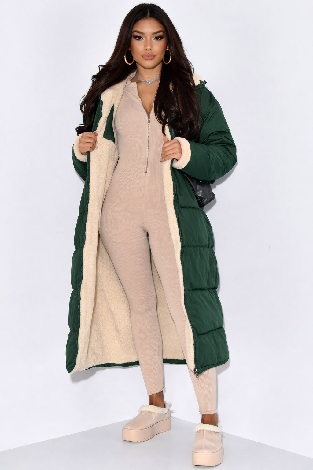 Ariane | Lange Daunenjacke mit Kapuze Damen Teddy-Futter