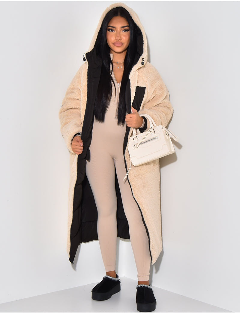 Ariane | Lange Daunenjacke mit Kapuze Damen Teddy-Futter