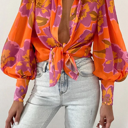 Beatrice | Bluse Damen mit Blumenmuster Puffärmel Knotendetail