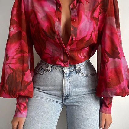 Beatrice | Bluse Damen mit Blumenmuster Puffärmel Knotendetail